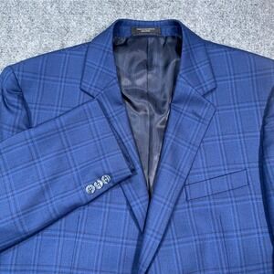 Petrocelli Soren Sport Coat Mens 46L Plaid 100% Wool Blue Glen Check Blazer Work